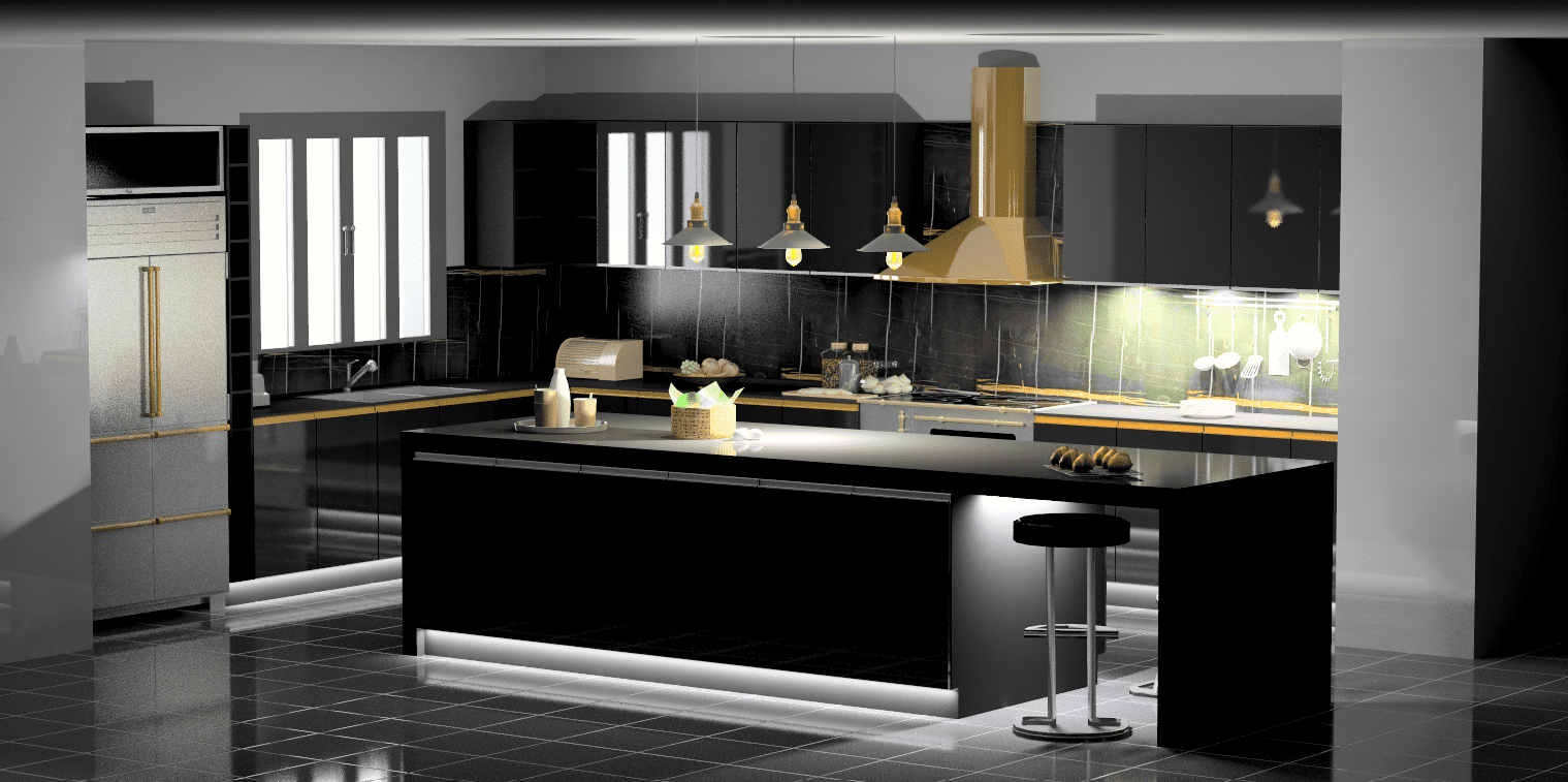 freelance kitchen designer visual of a black ultra realistic kitchen render