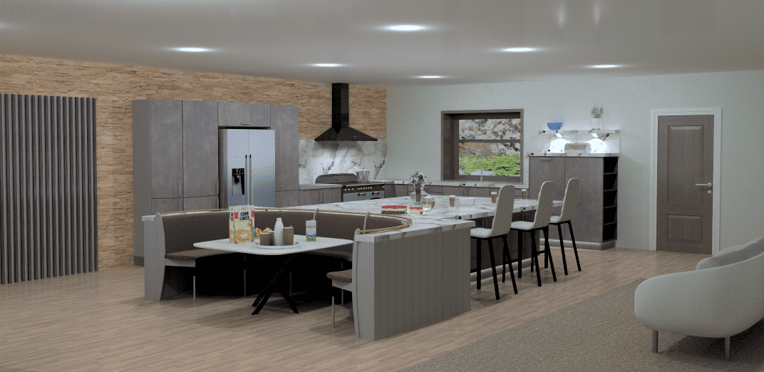 Large Island kitchen with banquet seating. Design gallery. Independent kitchen designer image