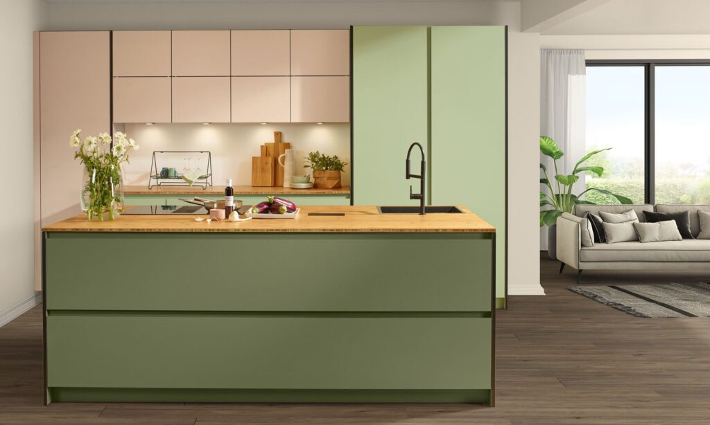 Beeck kitchens pink with a green island