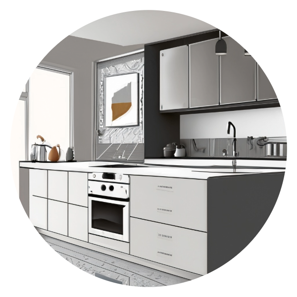 grey kitchen graphic in a circle representing superior design