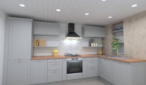 Beau Bijou Design Bramley Dove grey with Timber worktops DIY Kitchens