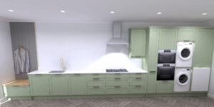 Beau Bijou Design Independent kitchen designer Bramley Sage green Calacatta quartz worktops DIY Kitchens