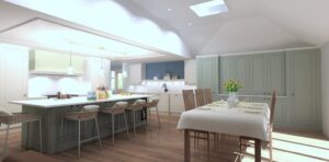 Beau Bijou Design DIY Kitchens Helmsley Cashmere & Reed Green with Quartz worktops