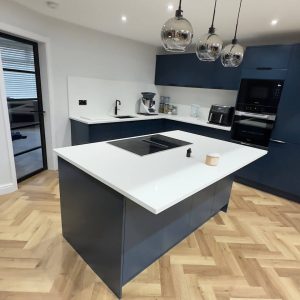 Completed DIY Kitchen project in Cobham Blue with quartz worktops