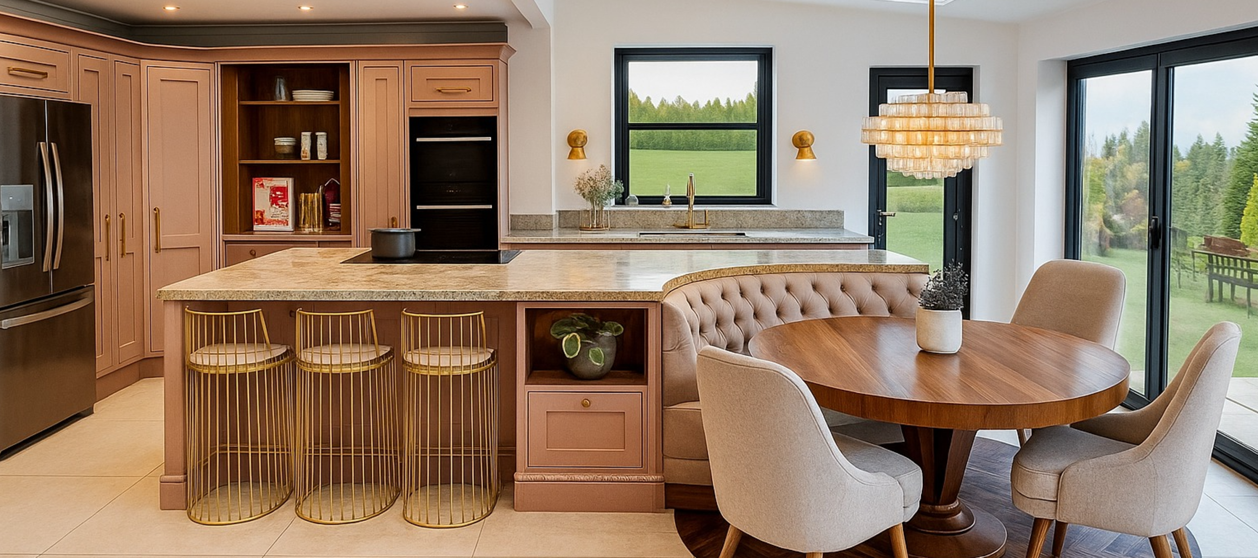 Hallas and Hill Peach kitchen with banquet seating