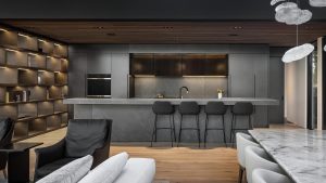 Laminam worktops. Porcelain. Matching colour kitchen doors. Large modern kitchen