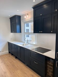 Beau Bijou Design - Hallas and Hill painted indigo shaker timber kitchen with quartz worktops