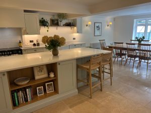 Completed Hallas and Hill kitchen. Mussel shaker timber with quartz worktops