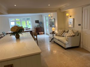 Completed Hallas and Hill kitchen. Mussel shaker timber with quartz worktops