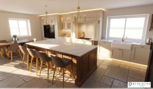 Beau Bijou Design. Hallas and Hill bespoke kitchen. musel and stained oak with Callacatta gold silestone worktops
