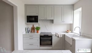 beau bijou design. independent kitchen designer. shaker dove grey with Laminam porcelain worktops