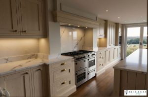 kitchen design ultra realistic render in frame porcelain kitchen with quartz worktops,