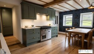 kitchen design ultra realistic render shaker forest green kitchen with Silestone quartz worktops