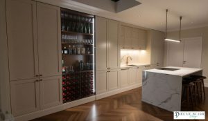 kitchen design ultra realistic render shaker timber porcelain kitchen with Laminam Porcelain worktops, Quooker tap, 1810 sink, crofts handles and bespoke wine unit,