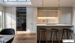 kitchen design ultra realistic render shaker timber porcelain kitchen with Laminam Porcelain worktops, Quooker tap, 1810 sink, crofts handles and bespoke wine unit,