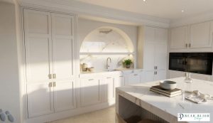 kitchen design ultra realistic render in frame ceramic kitchen with Porcelain Laminam worktops
