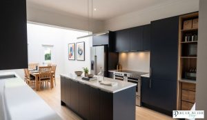 kitchen design ultra realistic render painted mdf dark blue kitchen with Silestone quartz worktops
