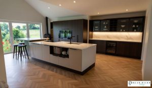 kitchen design ultra realistic render slab dark oak & cashmere. porcelain kitchen with Laminam Porcelain worktops