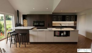 kitchen design ultra realistic render slab dark oak & cashmere. porcelain kitchen with Laminam Porcelain worktops