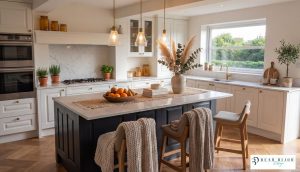 beau bijou design ultra realistic render. mussel traditional moulded shaker kitchen and graphite island with quartz worktops and timber floor