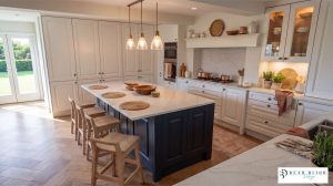 beau bijou design ultra realistic render. mussel traditional moulded shaker kitchen with quartz worktops and timber floor